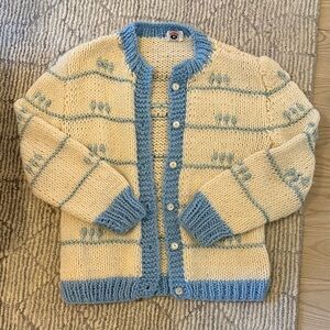 Handmade Vintage Chunky Cream Cardigan with Light Blue Trim